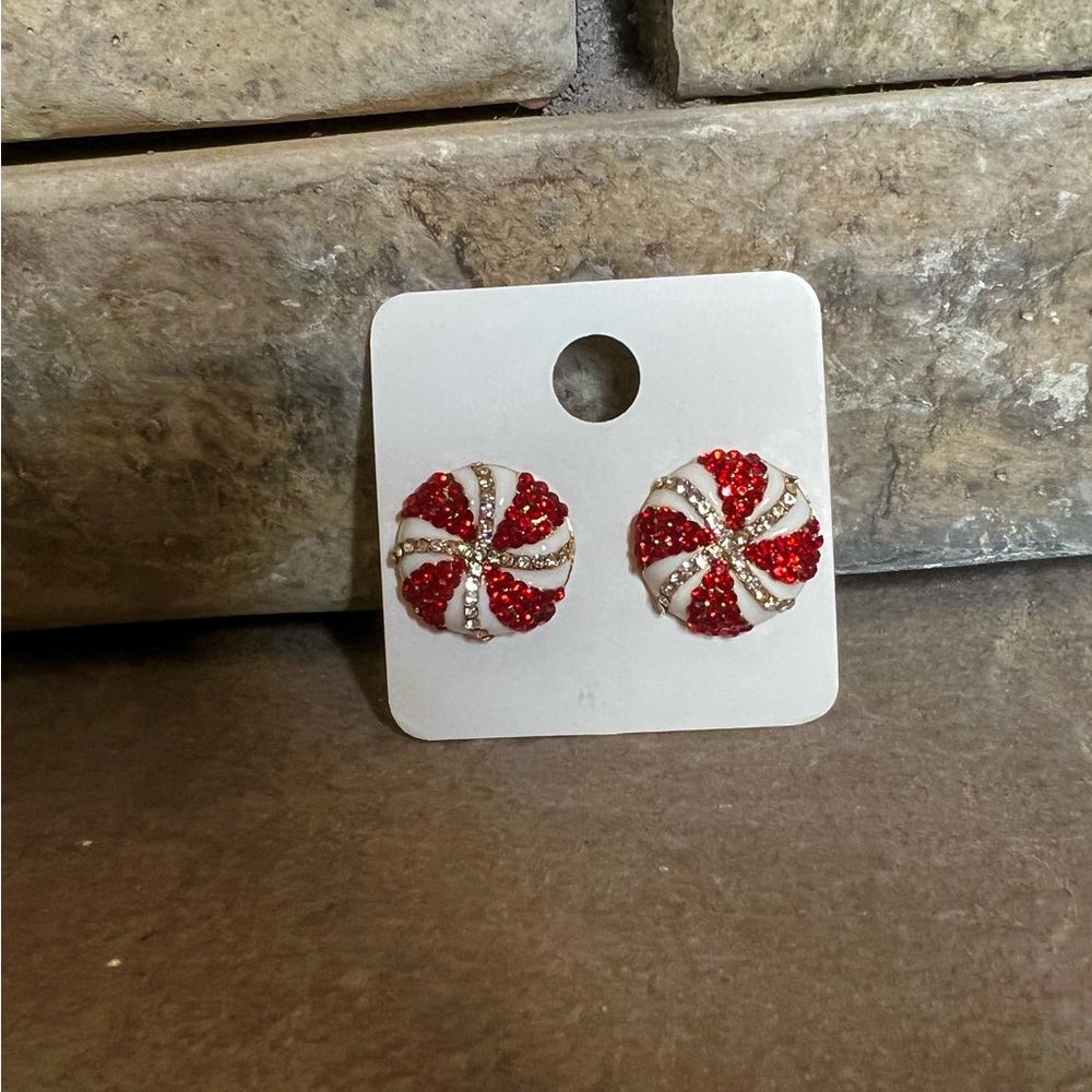 Peppermint Swirl Crystal Candy Stud Earrings, Red Multi
